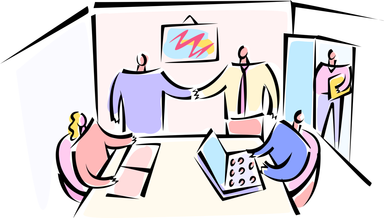 Vector Illustration of Business Boardroom Introduction with Colleagues Shaking Hands