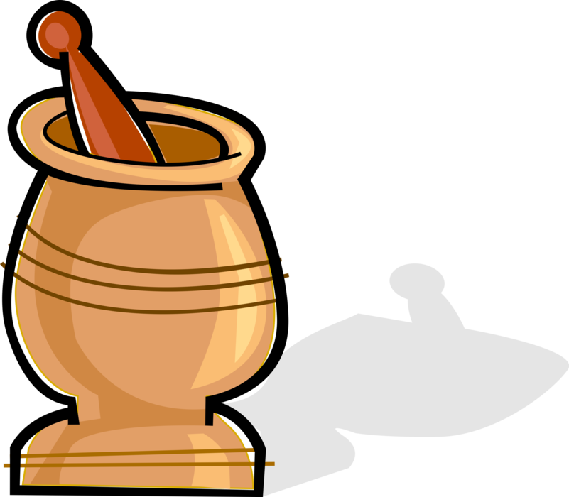 Vector Illustration of Mortar and Pestle Prepare Ingredients by Crushing and Grinding into Powder or Paste