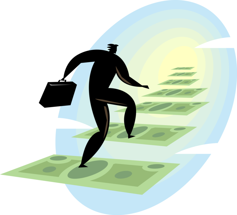 Vector Illustration of Businessman Climbs Staircase Stairway of Currency Cash Money Dollars to Financial Success