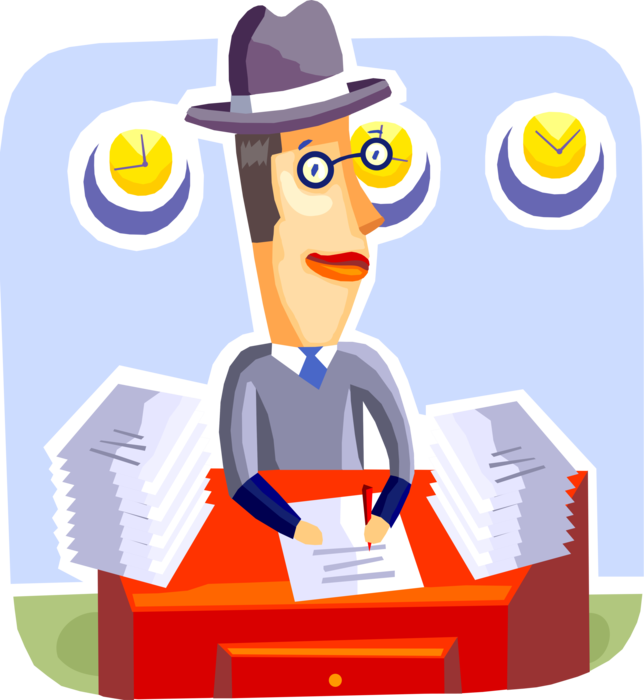 Vector Illustration of Efficient Productive Businessman Completes Business Paperwork at Office Desk