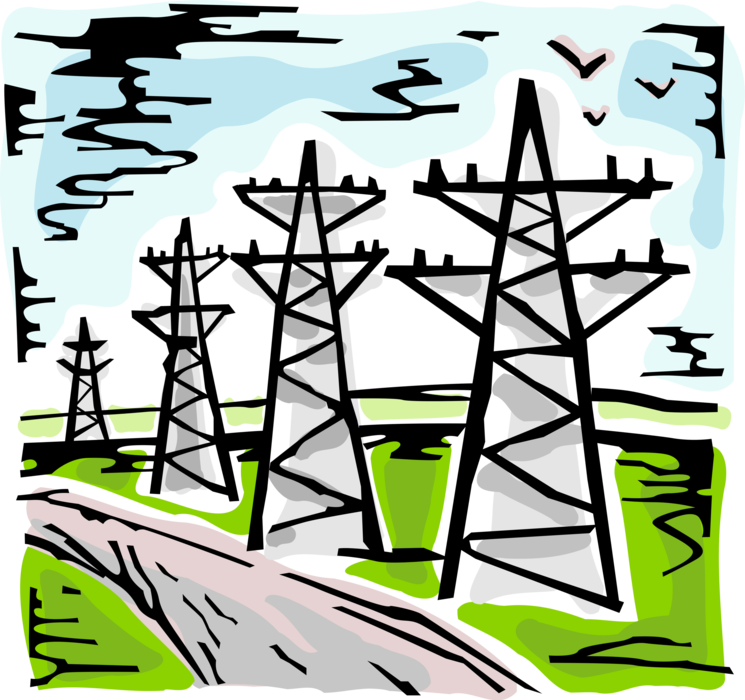 Vector Illustration of Transmission Towers in Natural Environment Carry Power Lines to Distribute Electricity