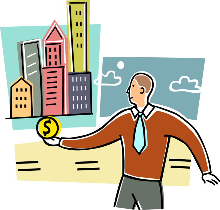 Vector Illustration of Businessman Balances Commercial Real Estate Investment Costs with City on Cash Dollar Coin