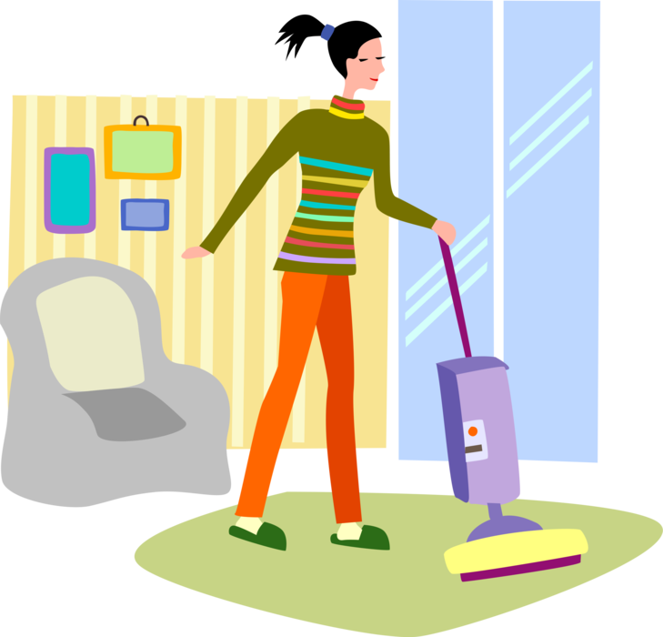 Vector Illustration of Household Chores with Vacuum Vacuuming Floor Rug