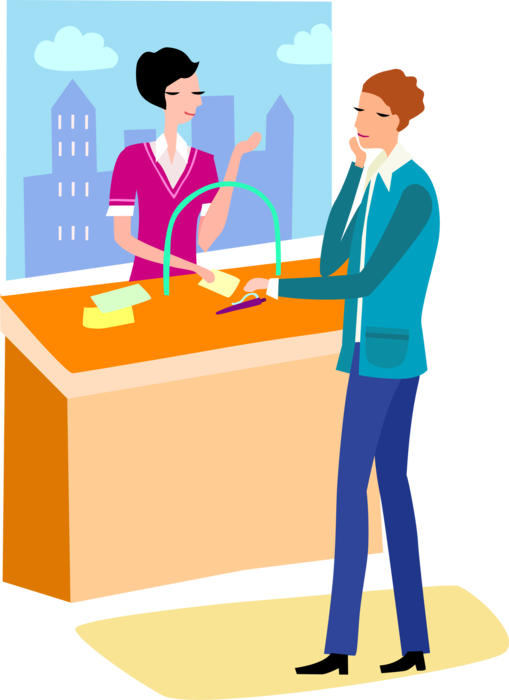 Vector Illustration of Bank Teller Provides Banking Services to Customer