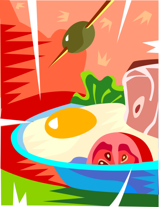 Vector Illustration of Fried Egg and Ham Breakfast with Sliced Tomato and Olive