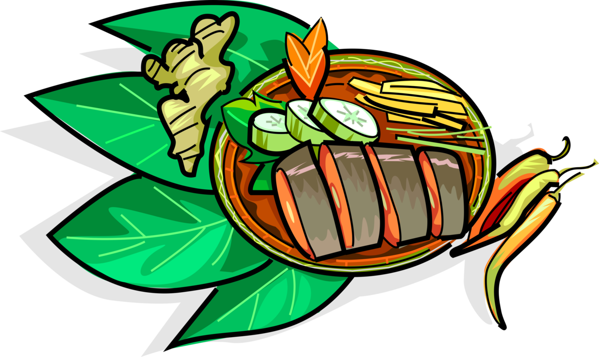 Vector Illustration of Thai Cuisine Sweet and Sour Steamed Fish Dinner, Thailand