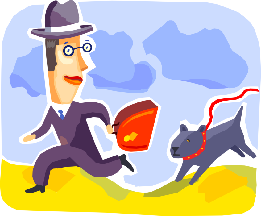 Vector Illustration of Cowardly Businessman with Briefcase Runs Away from Dog on Leash Chasing 