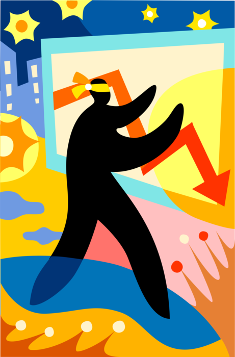 Vector Illustration of Blindfolded Businessman Helpless to Change Steep Downward Decline in Corporate Revenue