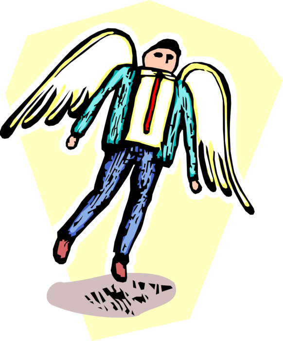Vector Illustration of Businessman Spiritual Angel with Wings Saves the Day