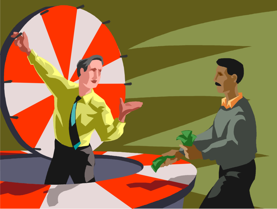 Vector Illustration of Businessman Gambles Cash Money Dollars on Spinning Wheel at Casino