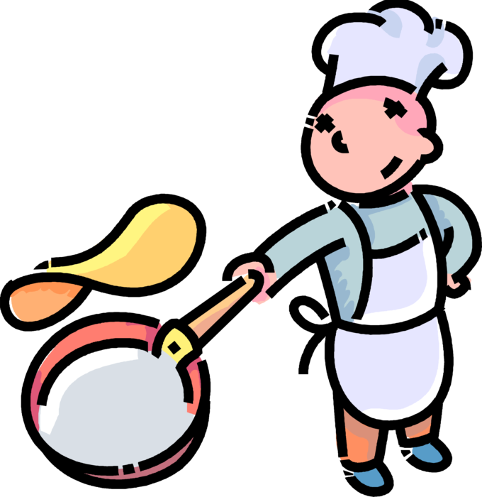 Vector Illustration of Primary or Elementary School Student Boy Chef Flips Pancake Crêpe or Crepe in Frying Pan