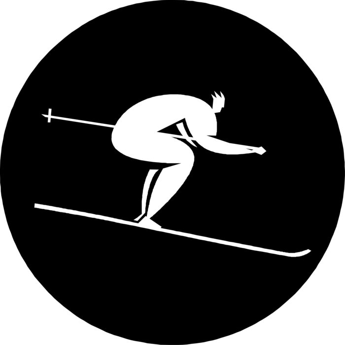 Vector Illustration of Downhill Alpine Skier in Tuck Position Skiing on Skis at Mountain Ski Resort