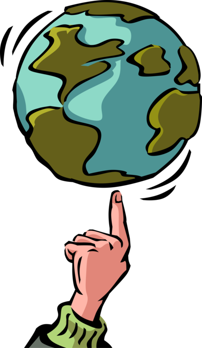 Vector Illustration of Finger Spins Earth World Globe "World at His Fingertips" Idiom