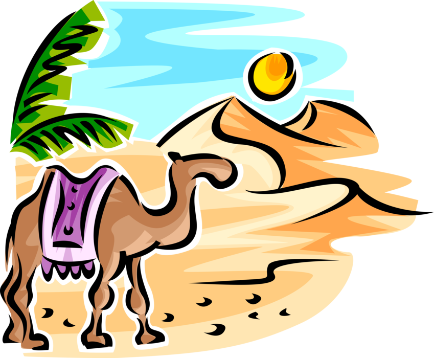Vector Illustration of Beast of Burden Camel Dromedary Even-Toed Ungulate with Sand Dunes in Desert