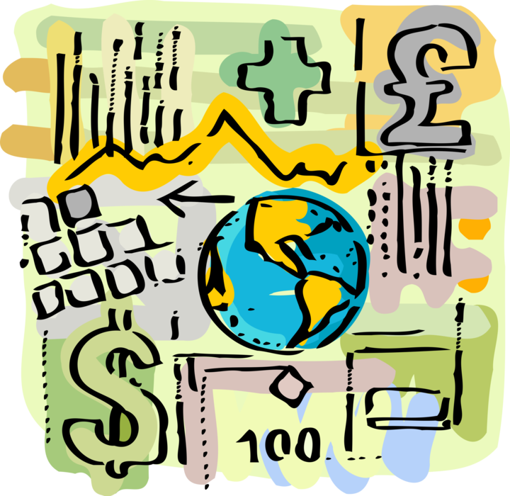 Vector Illustration of International Finance Planet Earth World with Currency Symbols and Cash Money