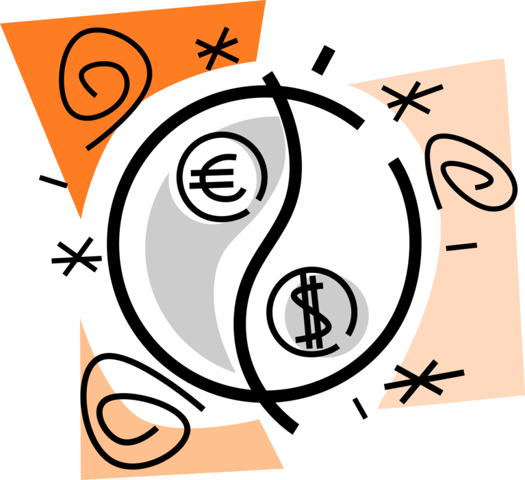 Vector Illustration of Financial Chinese Yin and Yang Opposite Yet Complementary Forces with Euro and Dollar Currencies