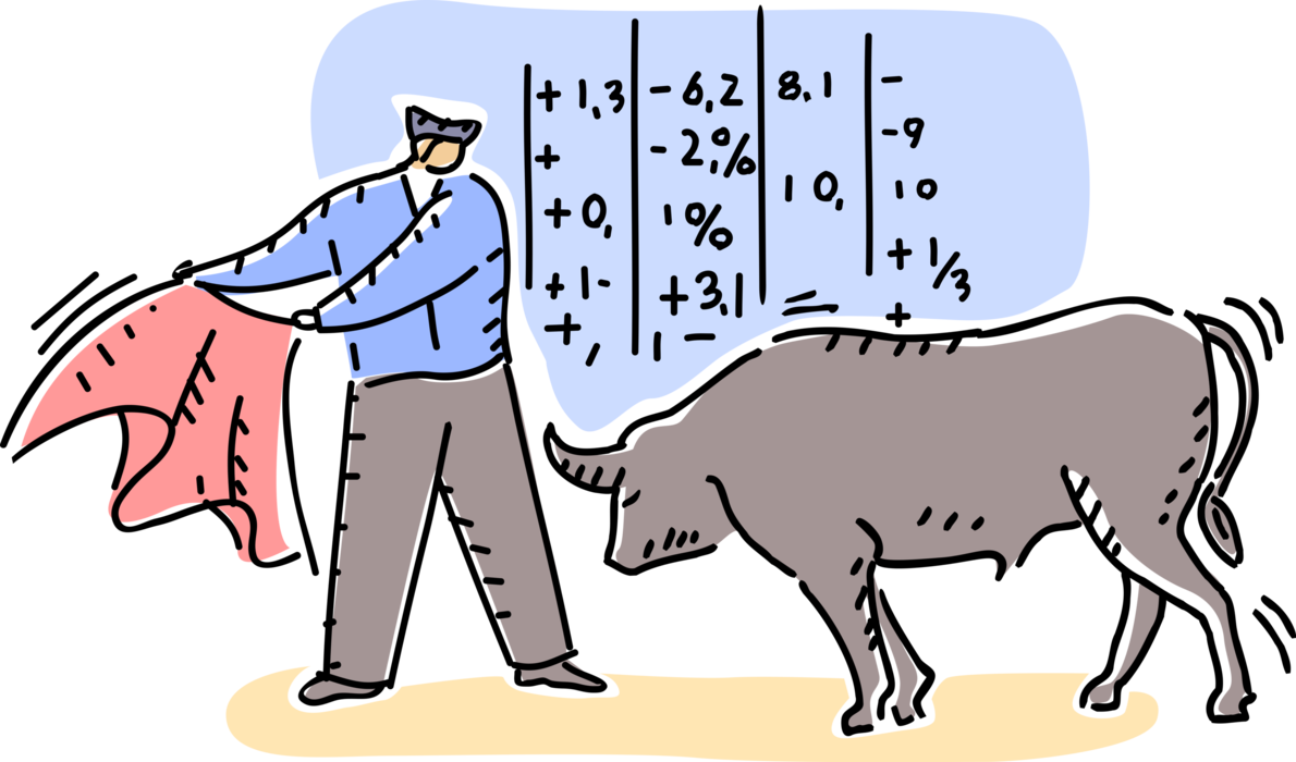 Vector Illustration of Businessman Spanish Matador Toreador Bullfighter Challenges Wall Street Stock Market Bull in Bullish Markets