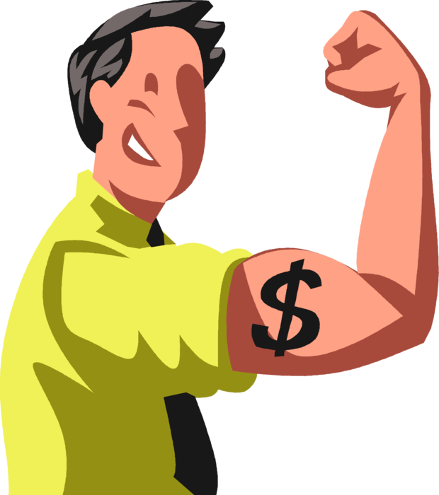 Vector Illustration of Businessman Flexes Financial Muscle to Demonstrate Superior Strength