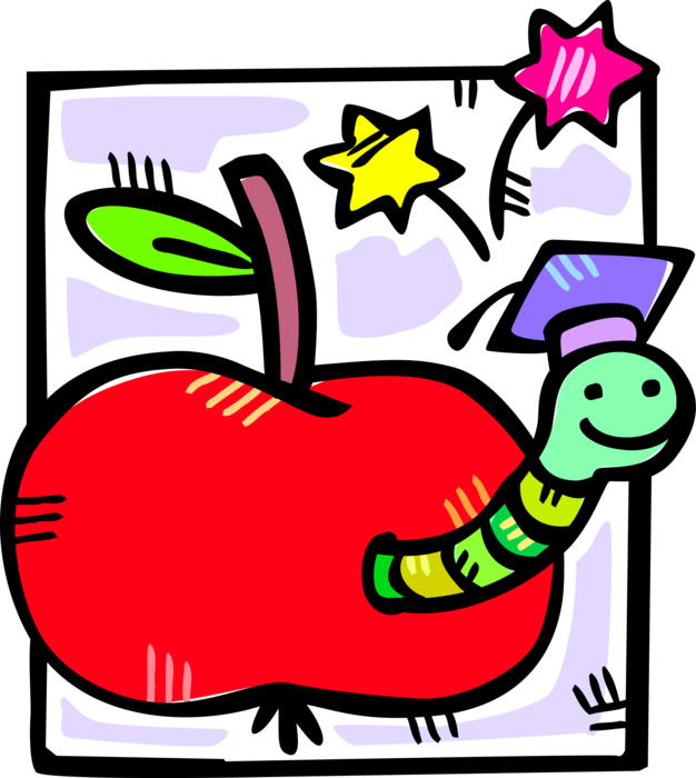 Vector Illustration of Bookworm Graduate and Apple Fruit Symbol of Knowledge and Learning