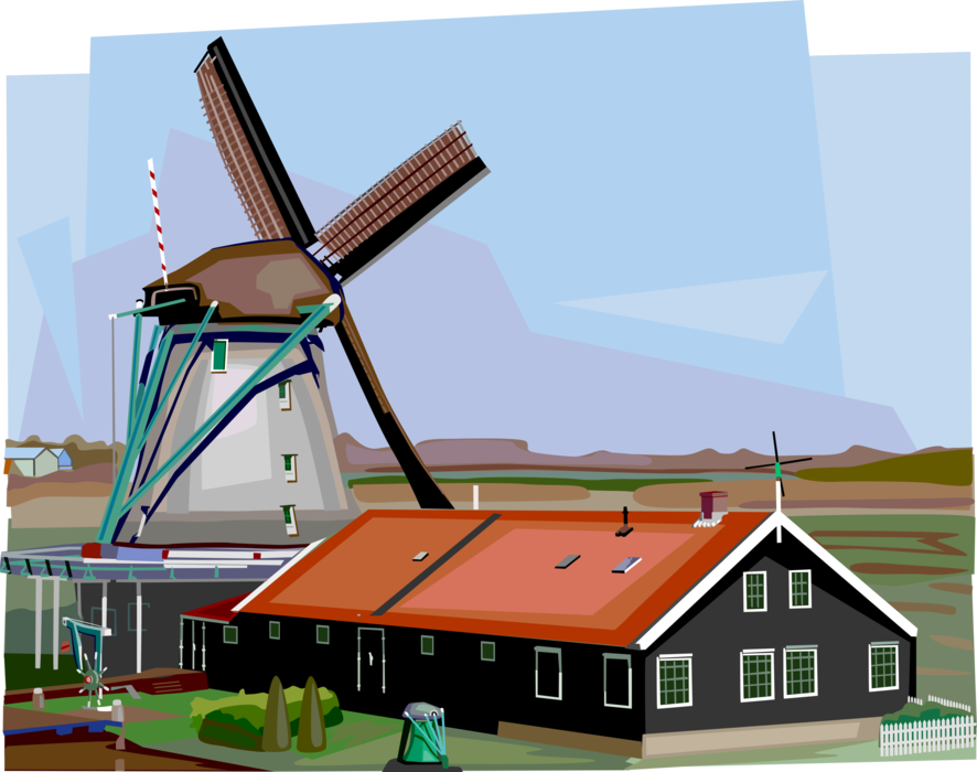 Vector Illustration of Dutch Windmill in The Netherlands, Holland used to Mill Grain, Pump Water