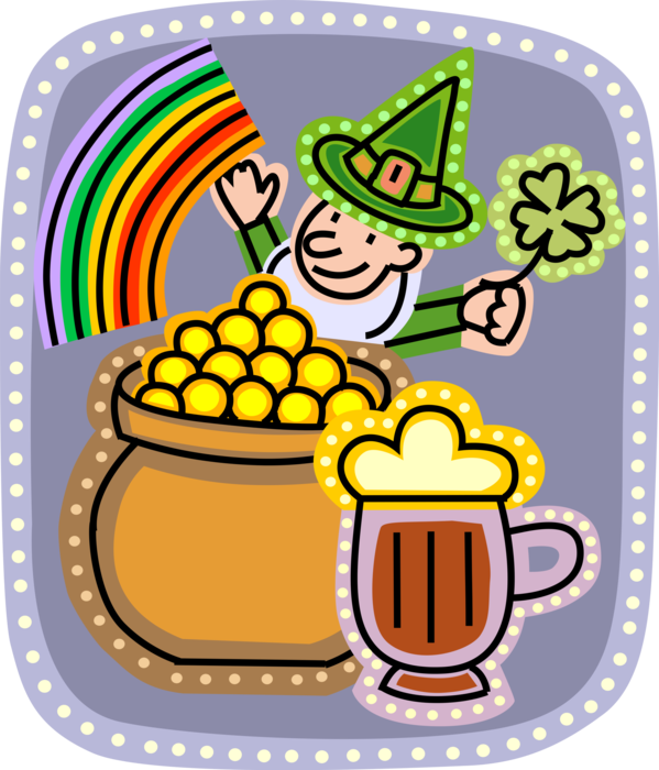 Vector Illustration of St Patrick's Day Irish Leprechaun with Rainbow, Pot of Gold and Beer