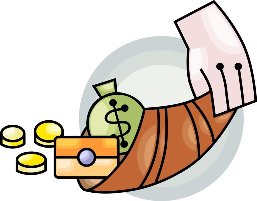 Vector Illustration of Hand with Cornucopia Horn of Plenty with Cash Money Dollars and Credit Card
