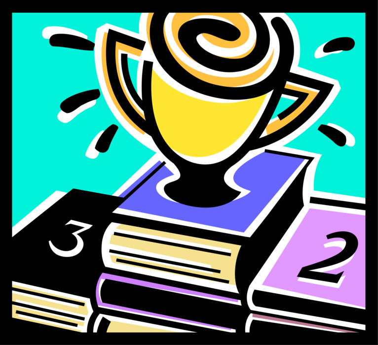 Vector Illustration of Winner's Trophy Prize Award Recognizes Specific Achievement or Evidence of Merit on Winner's Podium of Books