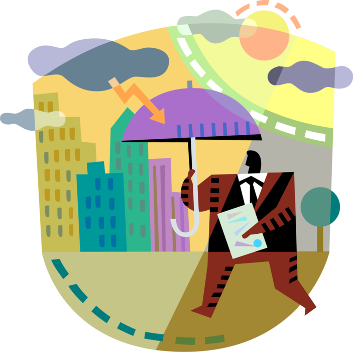 Vector Illustration of Businessman Avoids Financial Risk with Security of Insurance Umbrella in Stock Market Storm