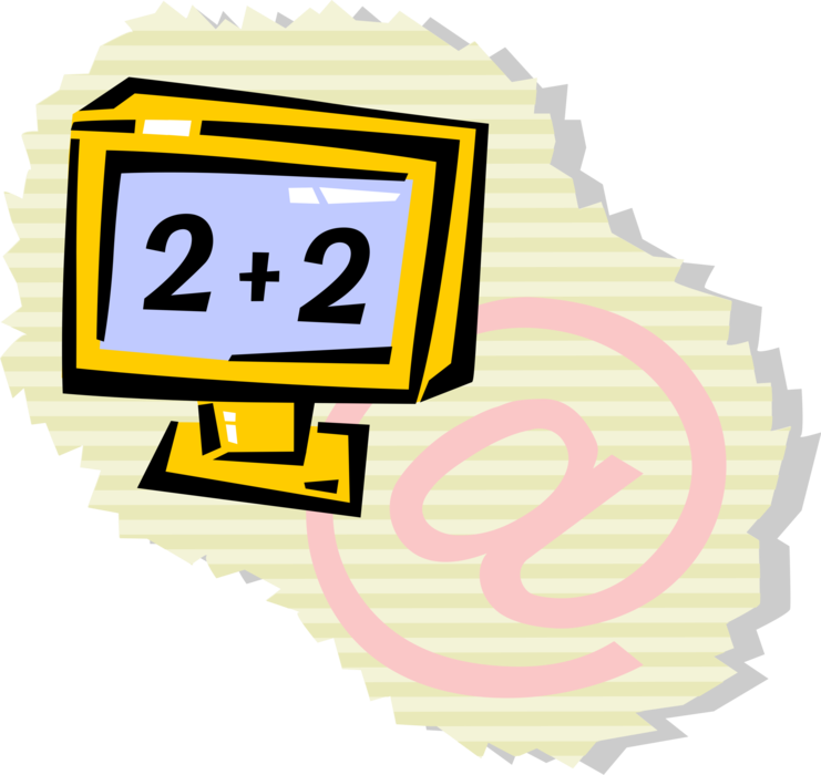Vector Illustration of School Education Computer Screen Teaches Mathematics Addition 2 + 2