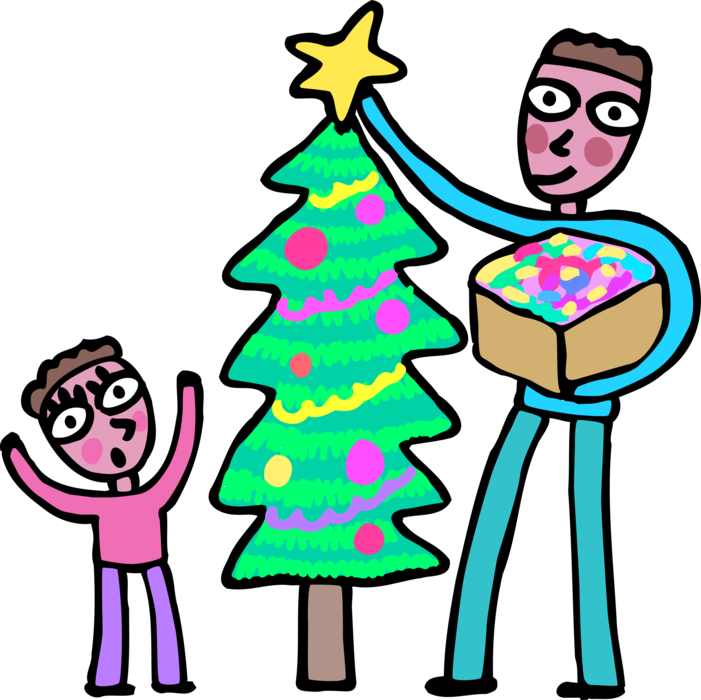 Vector Illustration of Father and Son Decorate Christmas Tree with Ornaments and Star