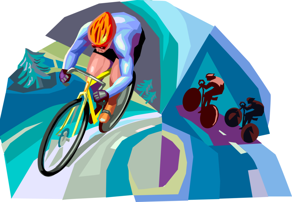 Vector Illustration of Cycling Enthusiasts Climb Hill in Bicycle Race
