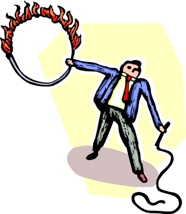 Vector Illustration of Businessman Circus Lion Tamer with Whip and Flaming Hoop on Fire