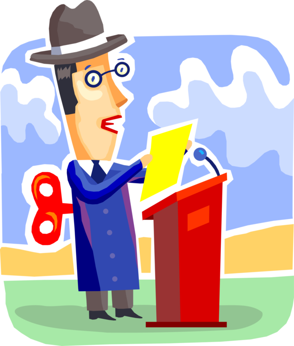 Vector Illustration of Automaton Wind Up Businessman Delivers Usual Corporate Schpeel to Live Audience