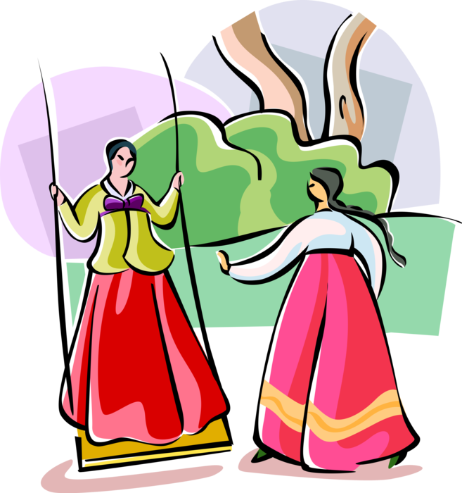 Vector Illustration of Dano Surit-nal Korean Traditional Holiday with Women Swinging on Swing