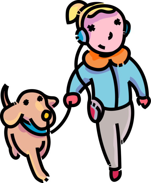 Vector Illustration of Primary or Elementary School Student Girl Walks Family Pet Dog while Listening Music on iPhone
