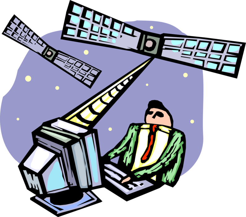Vector Illustration of Businessman with Computer Benefits from Satellite Communications