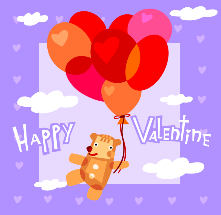 Vector Illustration of Valentine's Day Greeting Card with Stuffed Animal Teddy Bear Holding Rising Helium-Filled Love Heart Balloons