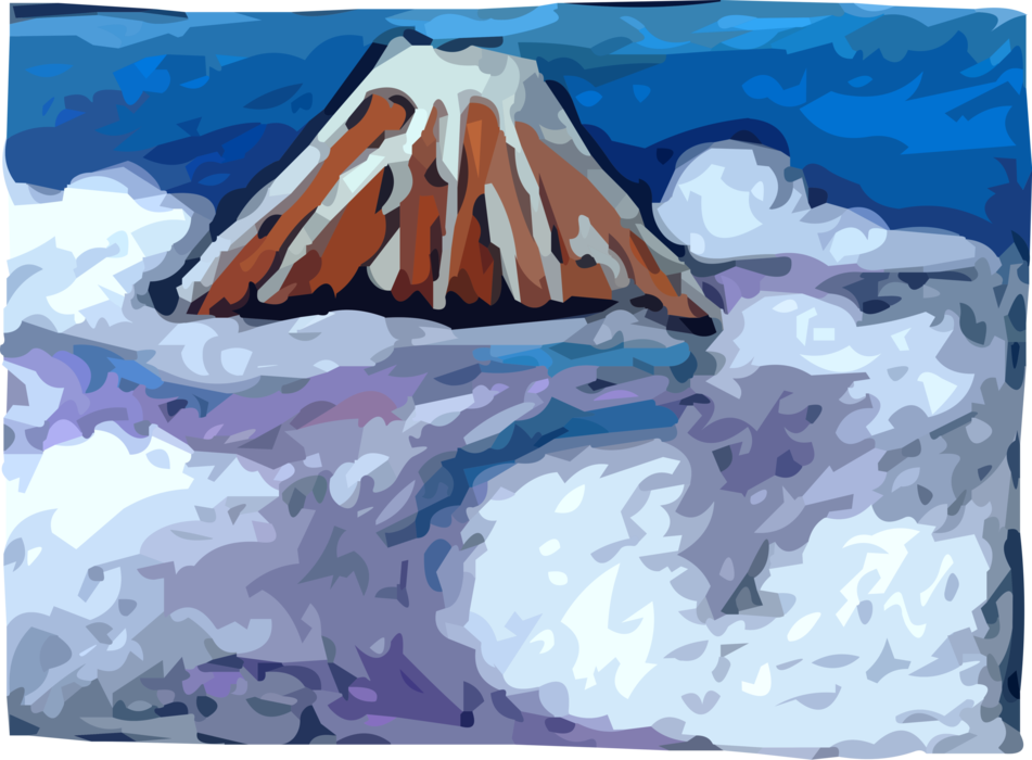 Vector Illustration of Mount Fuji, Japan Active Volcano Pokes Through Clouds