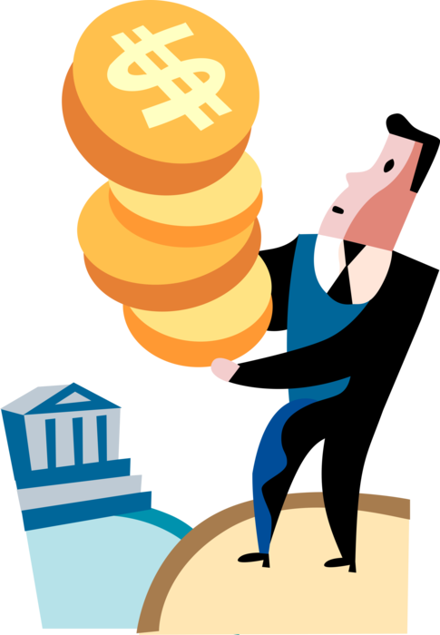Vector Illustration of Businessman Accumulates Financial Cash Money Wealth for Investment in Savings Bank