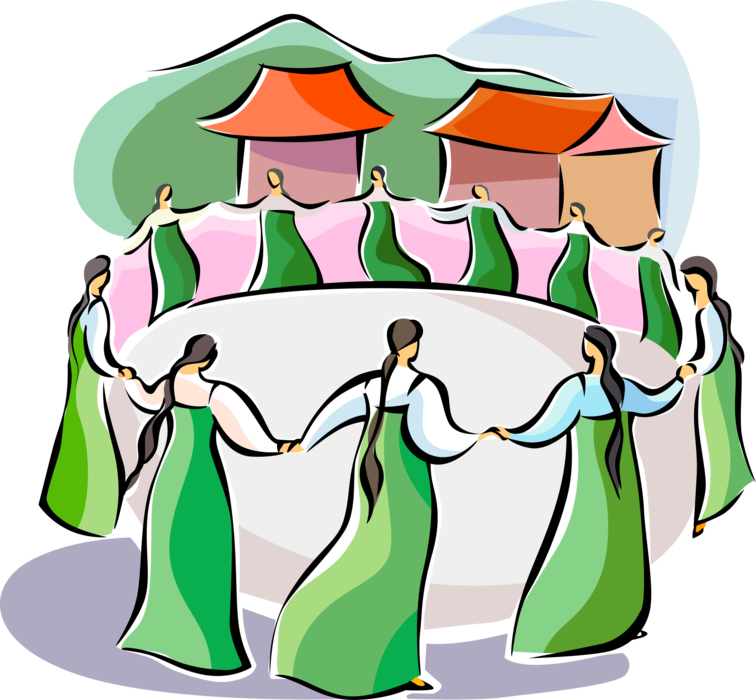 Vector Illustration of South Korean Harvest Festival Chuseok Round Dance, Korea