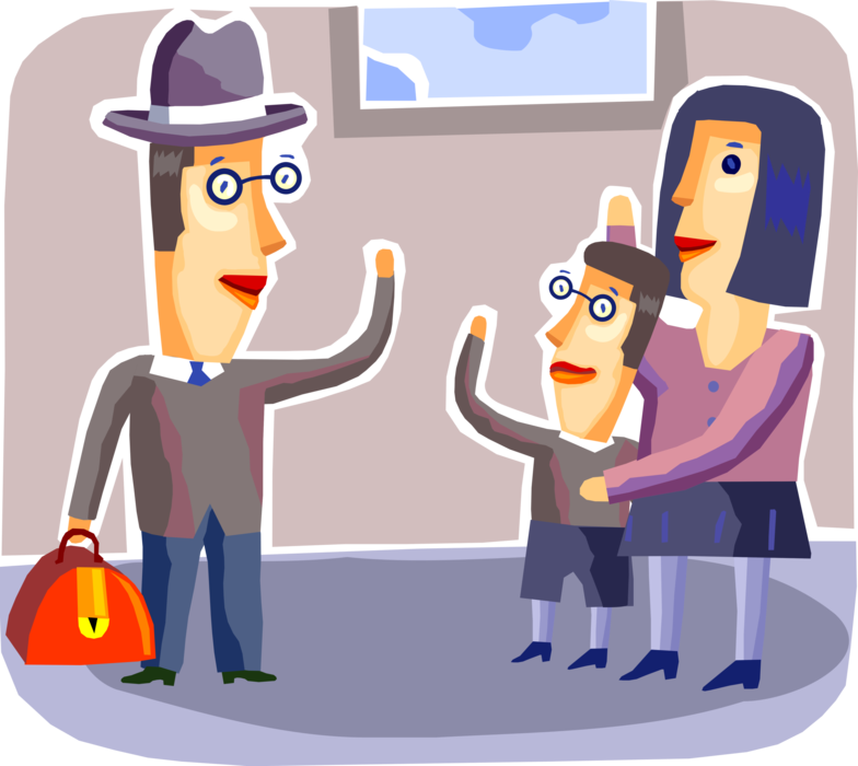 Vector Illustration of Family Mother and Son Wave Goodbye to Businessman Father Leaving on Business Trip with Suitcase