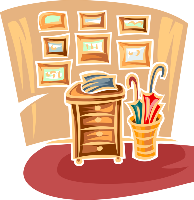 Vector Illustration of Umbrella Holder with Home Cabinet Furniture with Family Photos