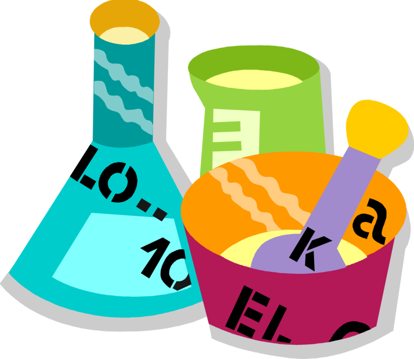 Vector Illustration of Science Glassware Beaker, Mortar and Pestle Prepare Ingredients by Crushing and Grinding into Powder or Paste