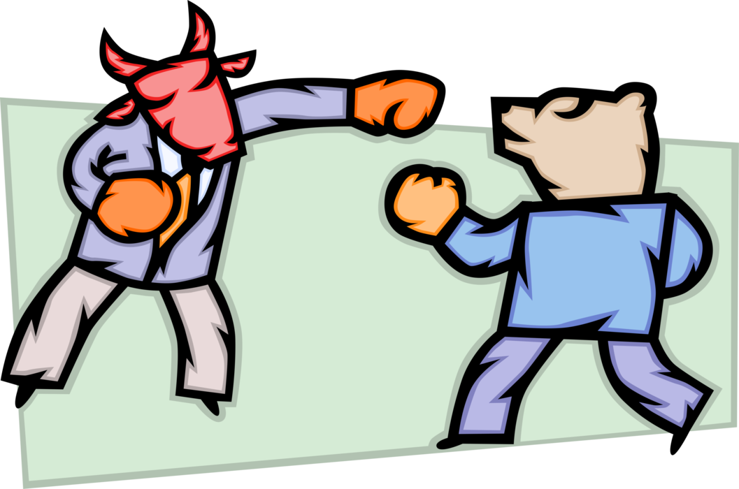 Vector Illustration of Pugilist Businessmen Boxers Slug it Out as Wall Street Stock Market Bull and Bear Symbols