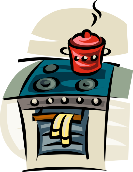 Vector Illustration of Cooking Pot Simmers on Oven Stove in Kitchen