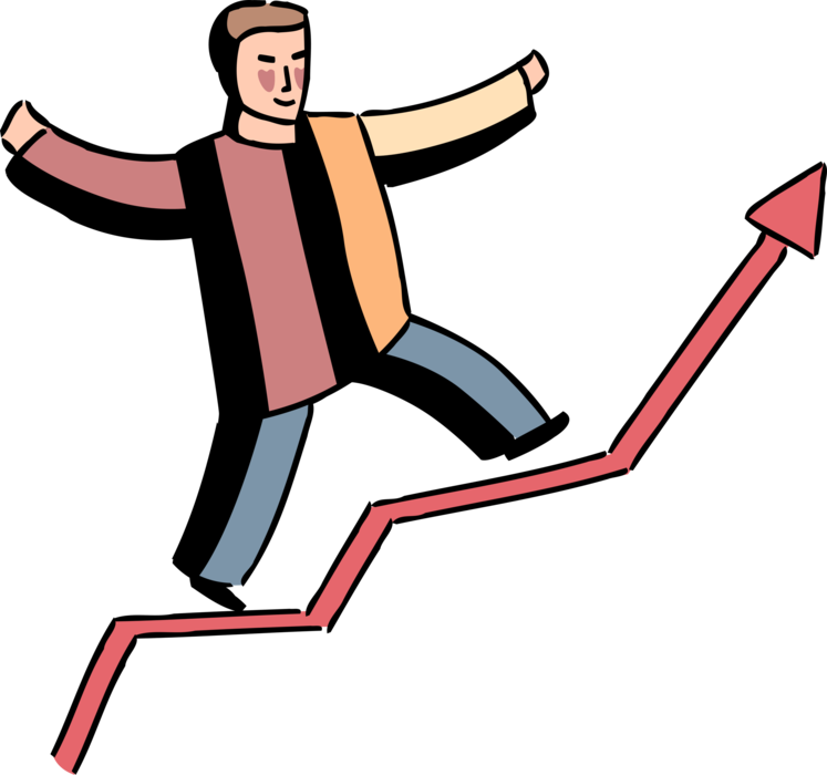 Vector Illustration of Businessman Celebrates Infographic Sales Profit Business Chart Diagram Growth Arrow