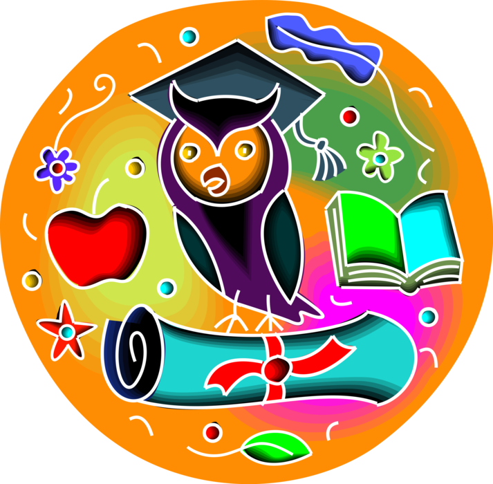 Vector Illustration of Wise Owl Idiom Symbol with Educational Mortarboard Cap and Graduation Degree Diploma