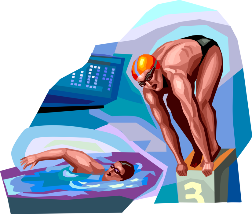 Vector Illustration of Swimmer in Ready Position to Dive into Swimming Pool During Swim Meet Competitive Race