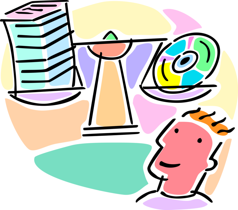 Vector Illustration of Optical CD or DVD Digital Media Storage Disc Versus Traditional Print Publishing Vector Illustration of Optical CD or DVD Digital Media Storage Disc Versus Traditional Print Publishing