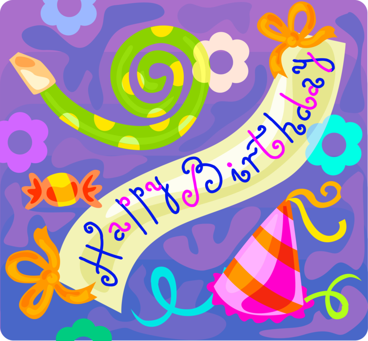 Vector Illustration of Birthday Banner with Party Hats Streamers and Noisemakers